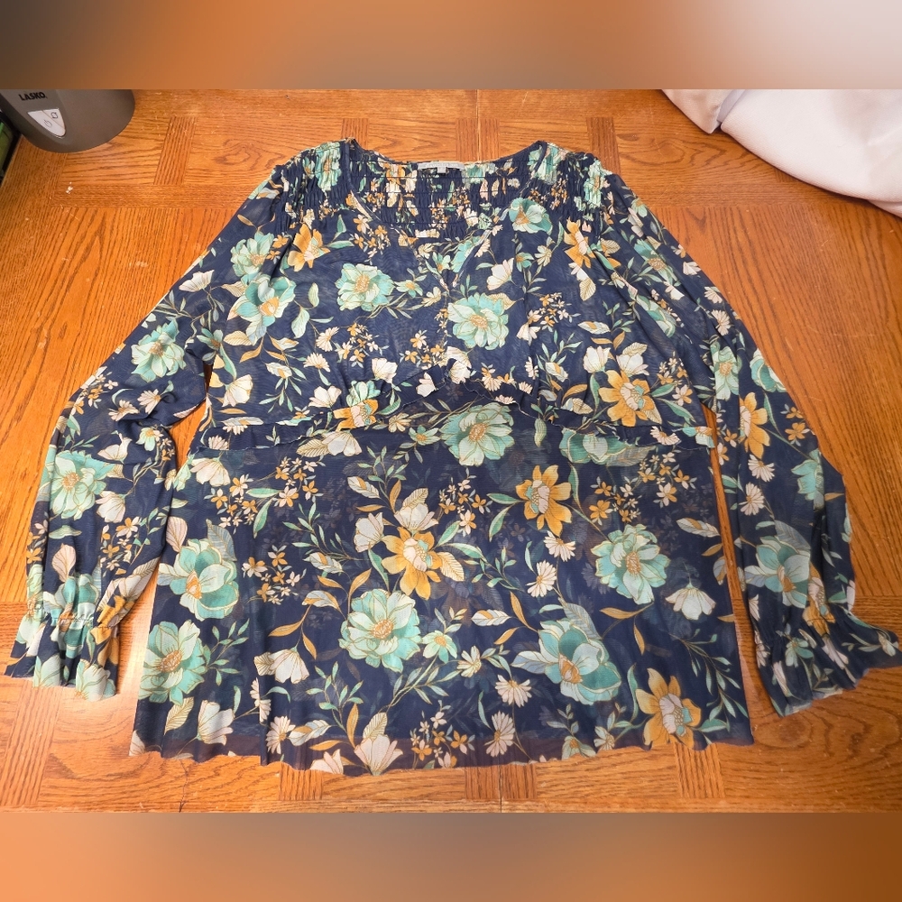 Daniel Rainn Blue Green Floral Mesh Long Sleeve Top Plus Size 2X
